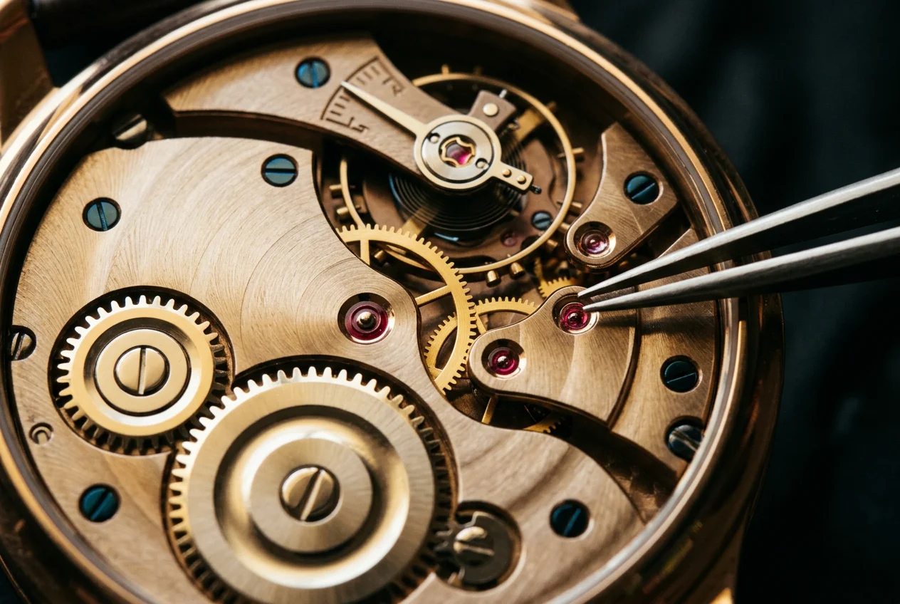 Macro view of a disassembled watch movement: brass wheels, ruby jewels and a watchmaker's tool on a bench